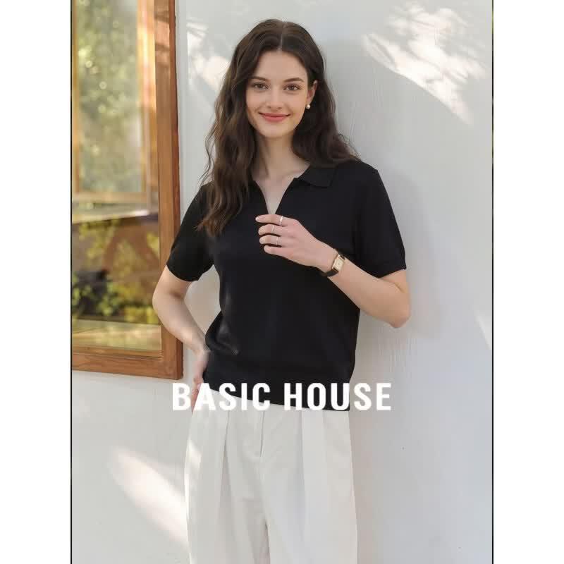Basic House Women s Black Lapel Tencel Short Sleeve Knit Top XL