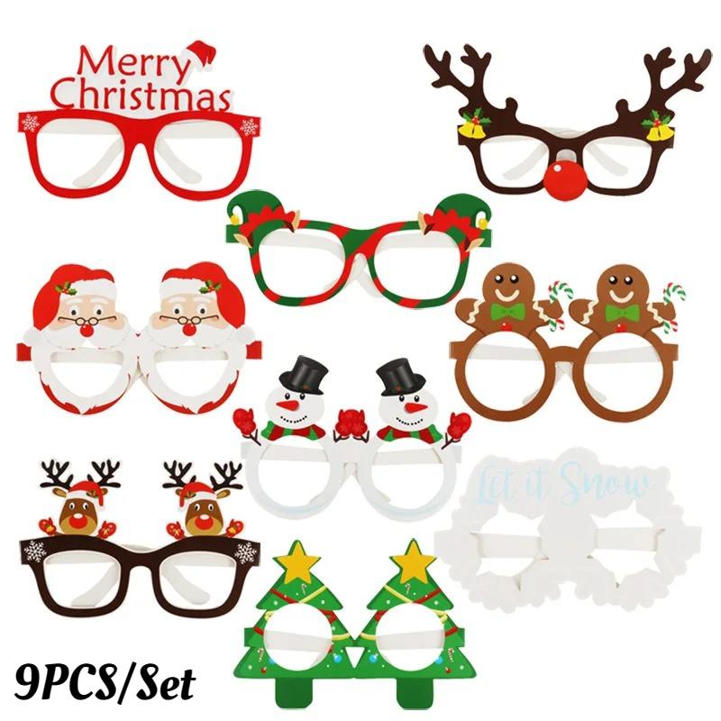 9pcs/set Christmas Eyeglasses Frames Santa Claus Snowman Pattern Funny Santa Paper Glasses Merry Christmas Gifts Happy New Year