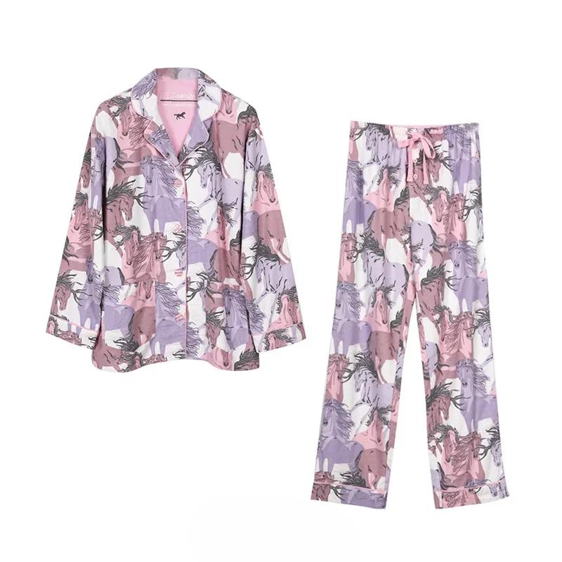 Women's Cotton Pyjama Suit Long Sleeve Single Breasted Ladies Sleepwear 2 Pcs with Pants Comfortable Pockets Pijamas Feminino