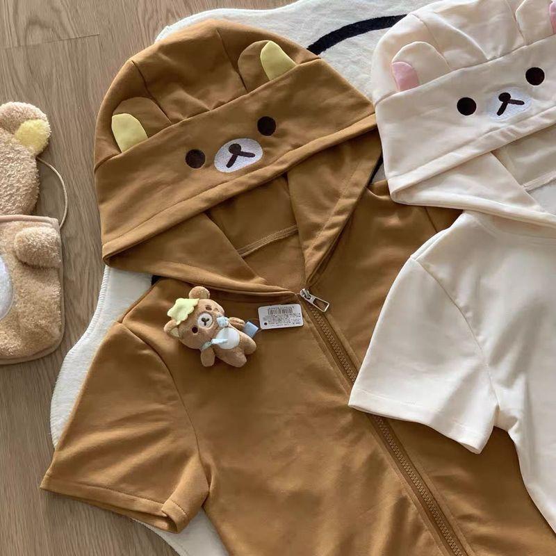 

Spring Style Sweet Cute Bear Ears Long Sleeves Zipper Outwear Student Small Casual Tup Cardigan Sweatshirt Female Coffee color short sleeve 2XL(55.00 kg-62.50 kg)