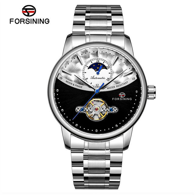 Forsining Automatic Watch Men's Blue Moon Phase Tourbillon Mechanical Watches Black Steel Band Waterproof Clock