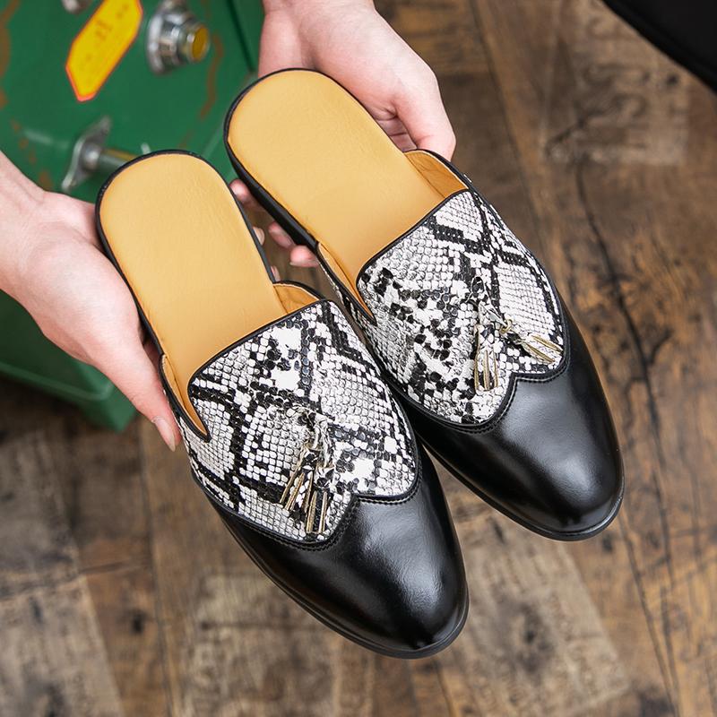 Large Size Half-drag Leather Shoes Men's Muller Lazy Shoes Gingham Men's Fringed Casual Shoes Trendy British Bag Head Drag