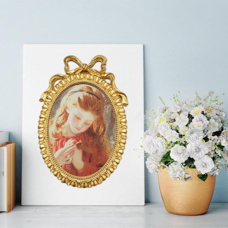 Handcrafted Antique Gold Carving Oval Bowknot Picture Frame With Hanging Hook And Stand For Wall Or Desktop Decoration