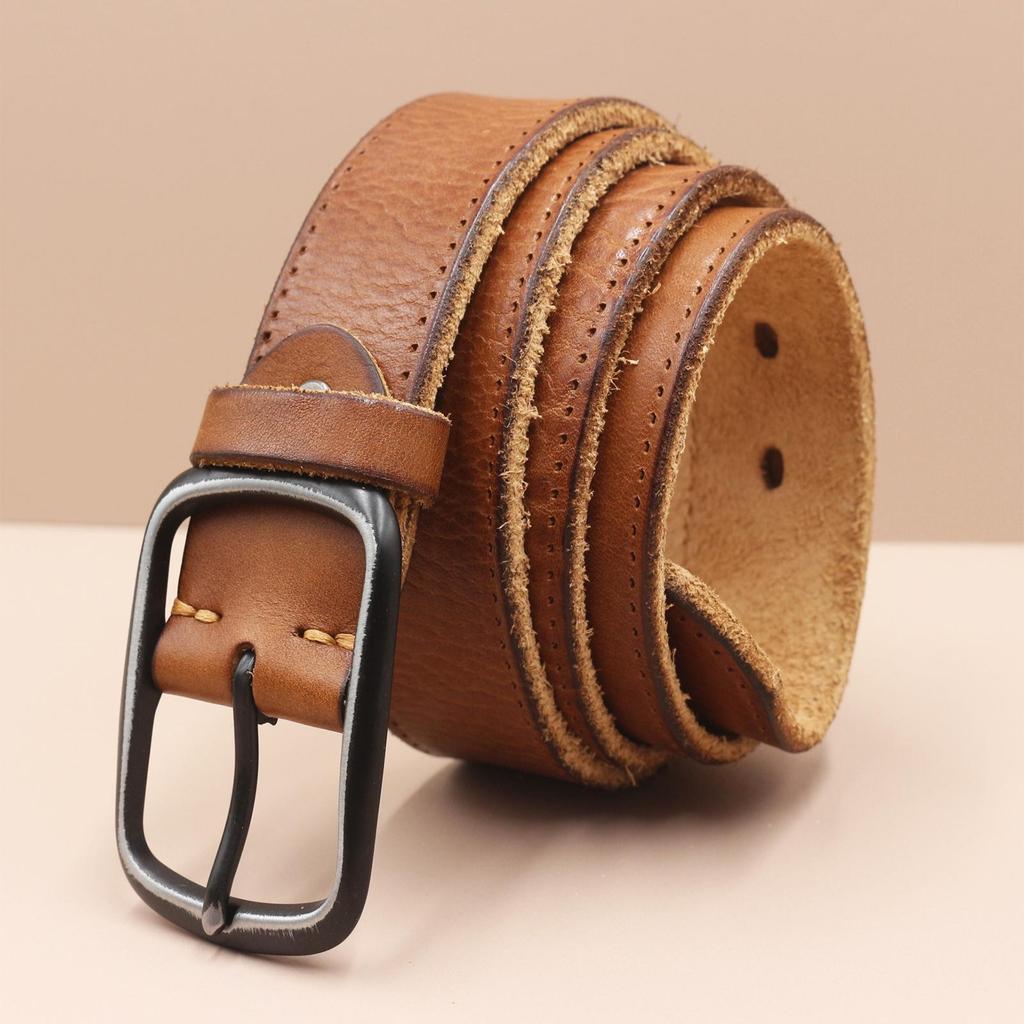 Retro Faux Stitch Men's Belt: Yellow Cattle Genuine Leather, Fashion Pin Buckle, Top Layer Cowhide.