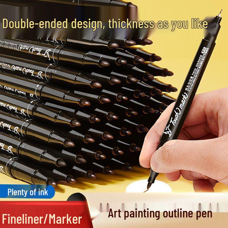 Pack of 10 [Newcomer 0.01] Dual-Tip Black Marker Pens: Fine & Broad, Oil-Based, Waterproof.