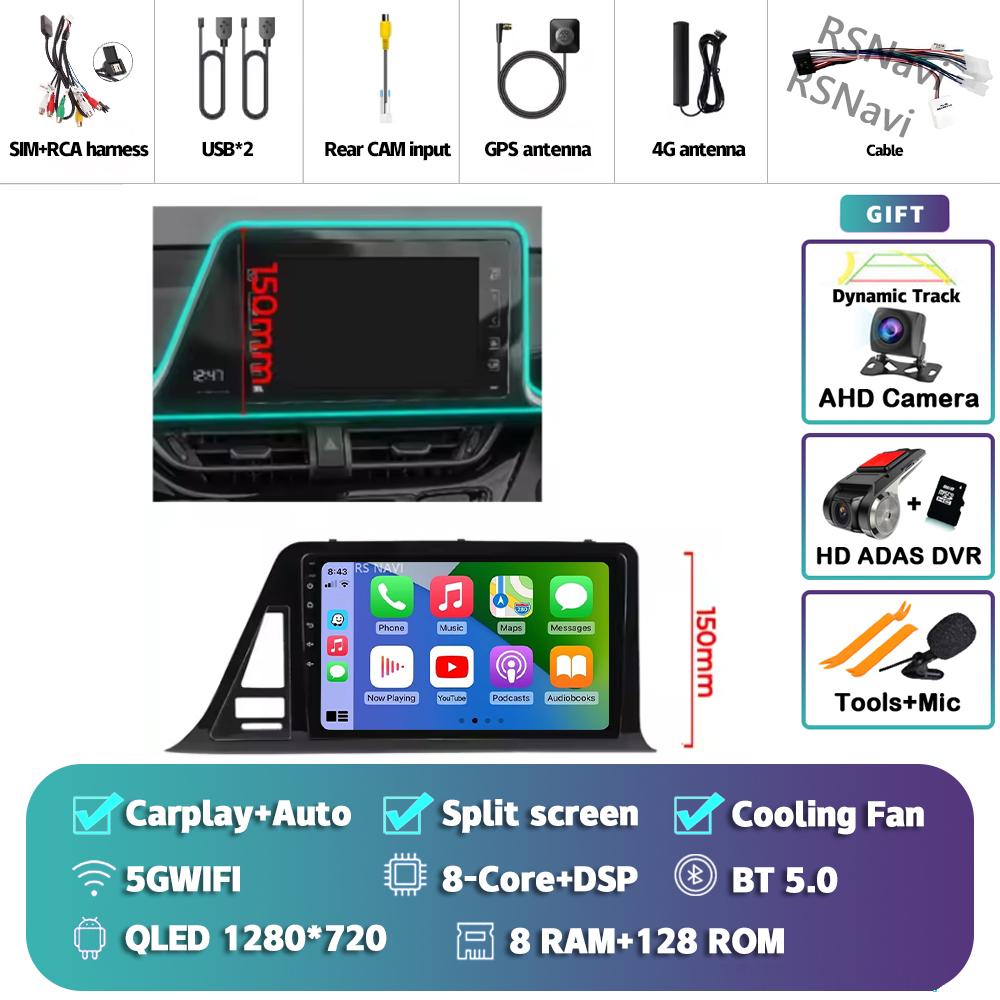 Android 14 Carplay Auto For Toyota C-HR 2016 - 2020 Car Radio Player Multimedia Stereo 360 Camera Navigation Video AI Voice GPS