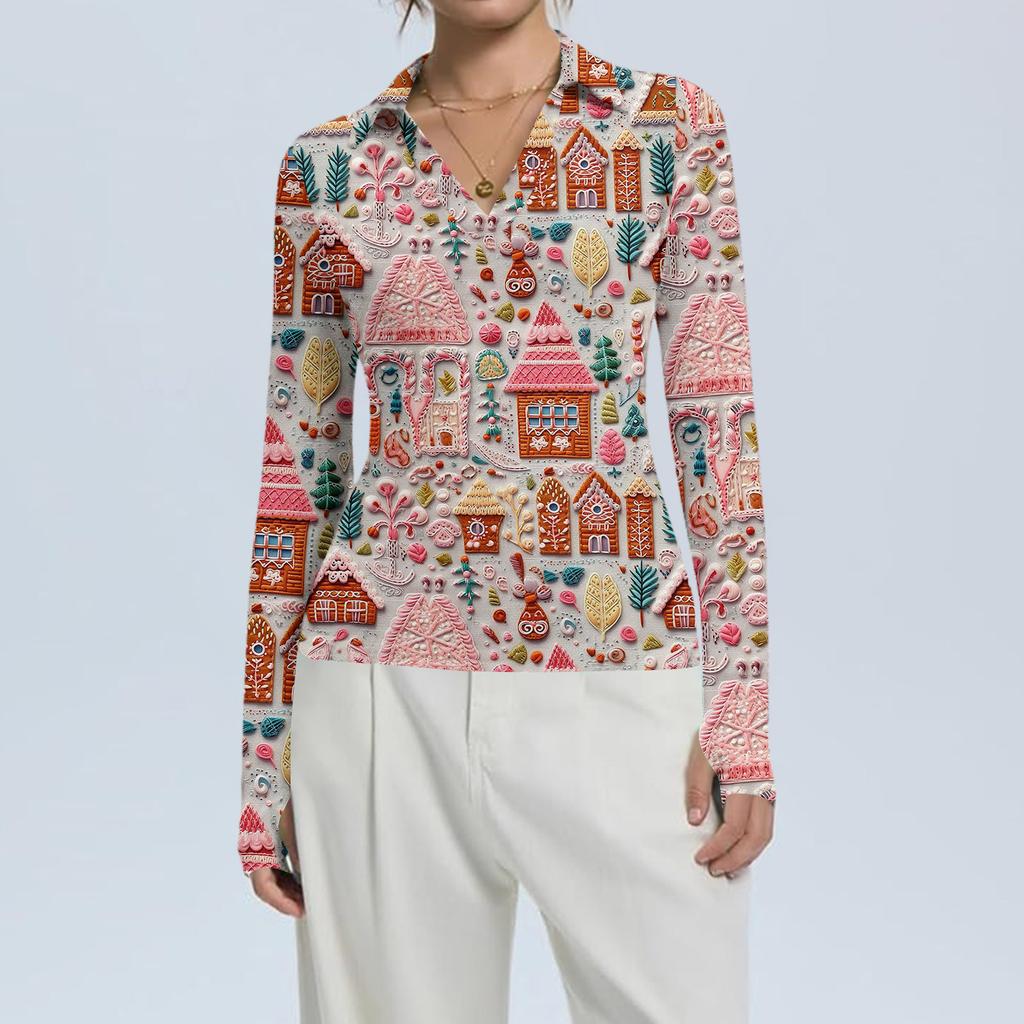 Damenmode Lässig Weihnachts-Print V-Ausschnitt Langarm Knopfleiste Oberteil