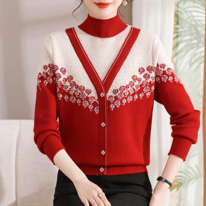 Mom autumn and winter thickened knitted sweater fake two-piece top integrated fleece women's winter fleece sweater bottoming shirt