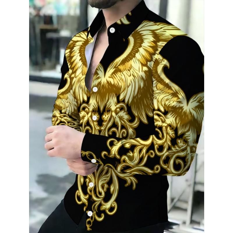 Men's Black Golden Baroque Shirt / Double-Headed Eagle / Light Luxury Business Long Sleeve Lapel