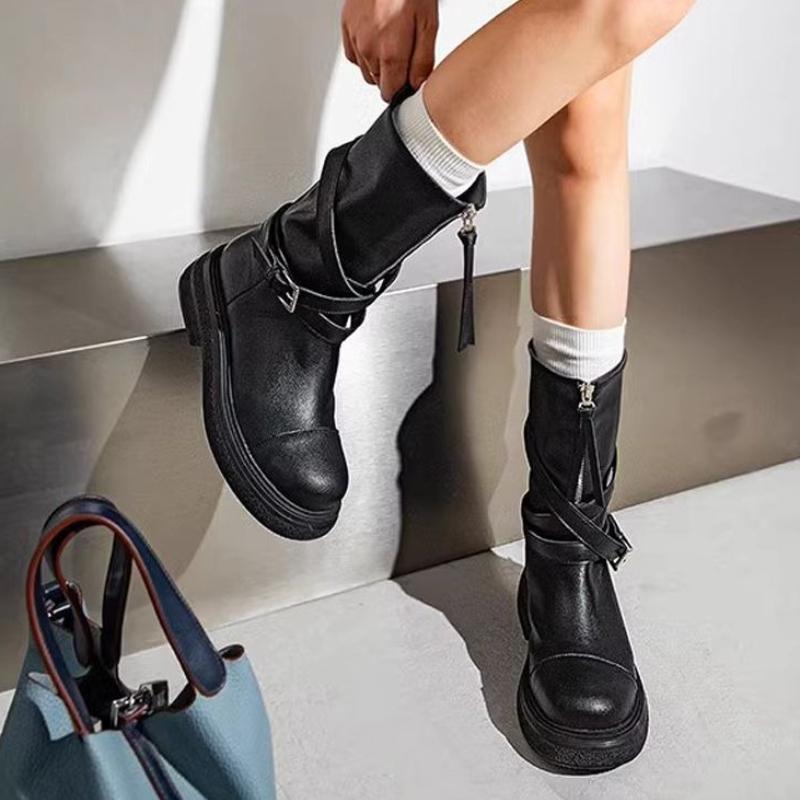 Fashion Autumn Winter Platform Warm Leather Round Toe Mid Calf Shoes Woman Y2k 2025 New Designer Luxury In Pu Half High Boots for Women