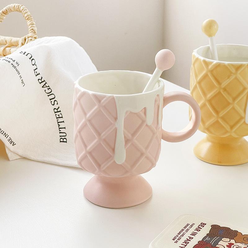 Cream Ice Cream Coffee Cup with Mixing Spoon Ceramic Cup Ins High Value Milk Cup for Girls Household Mug