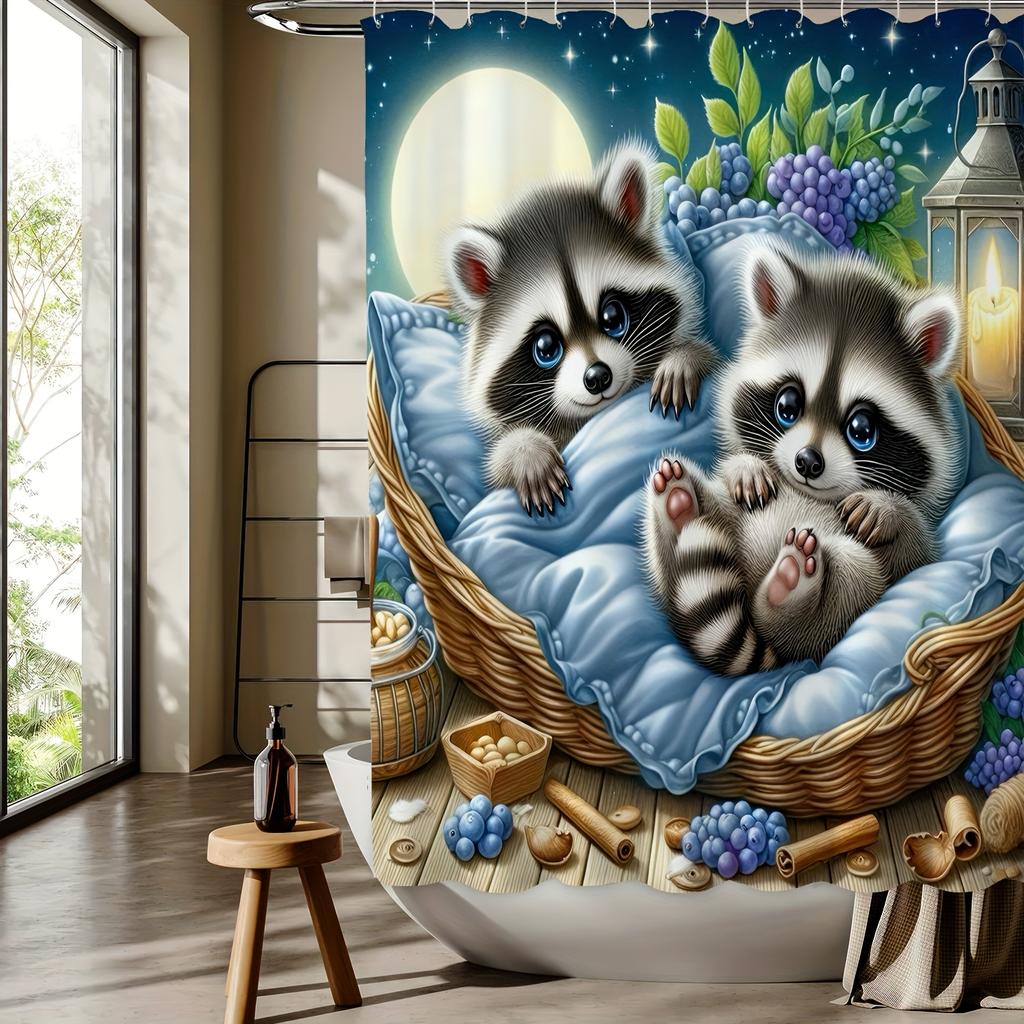 Cute Raccoon Digital Print Shower Curtain - Reversible Polyester, Machine Washable,Knitted Texture, All-Season Bathroom Decor