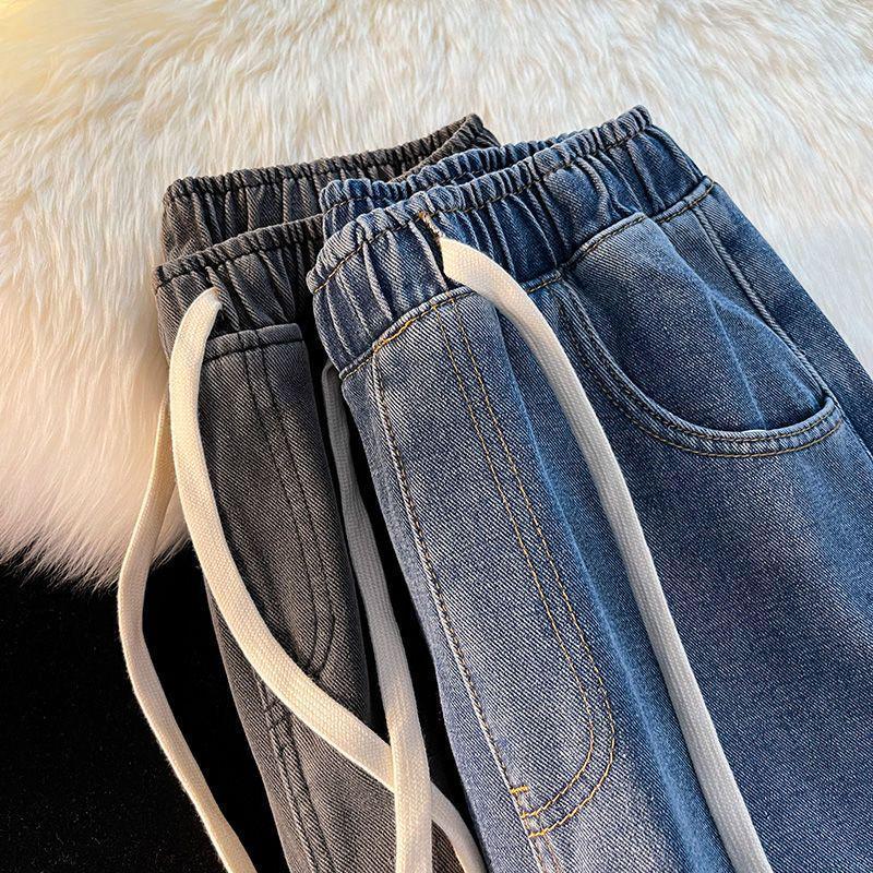 Women's Plush Denim Wide-Leg Pants: Elastic Waist & Drawstring, Loose Fit, Warm Retro Style for Autumn/Winter