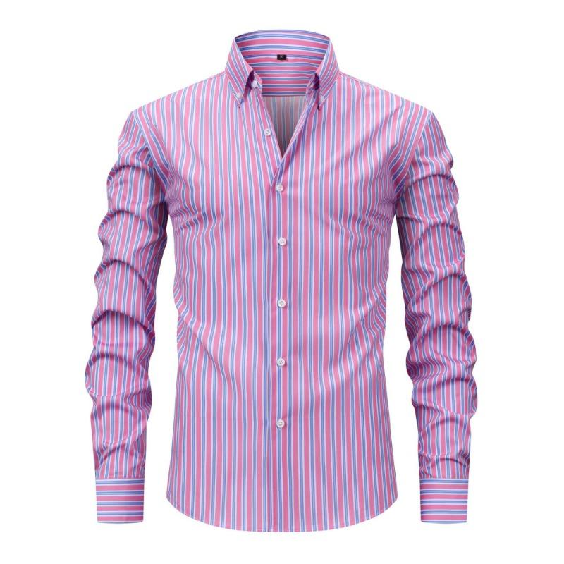 Four-sided Digital Printed Striped Long-sleeved Lapel Men's Shirt High-end Men's Shirt