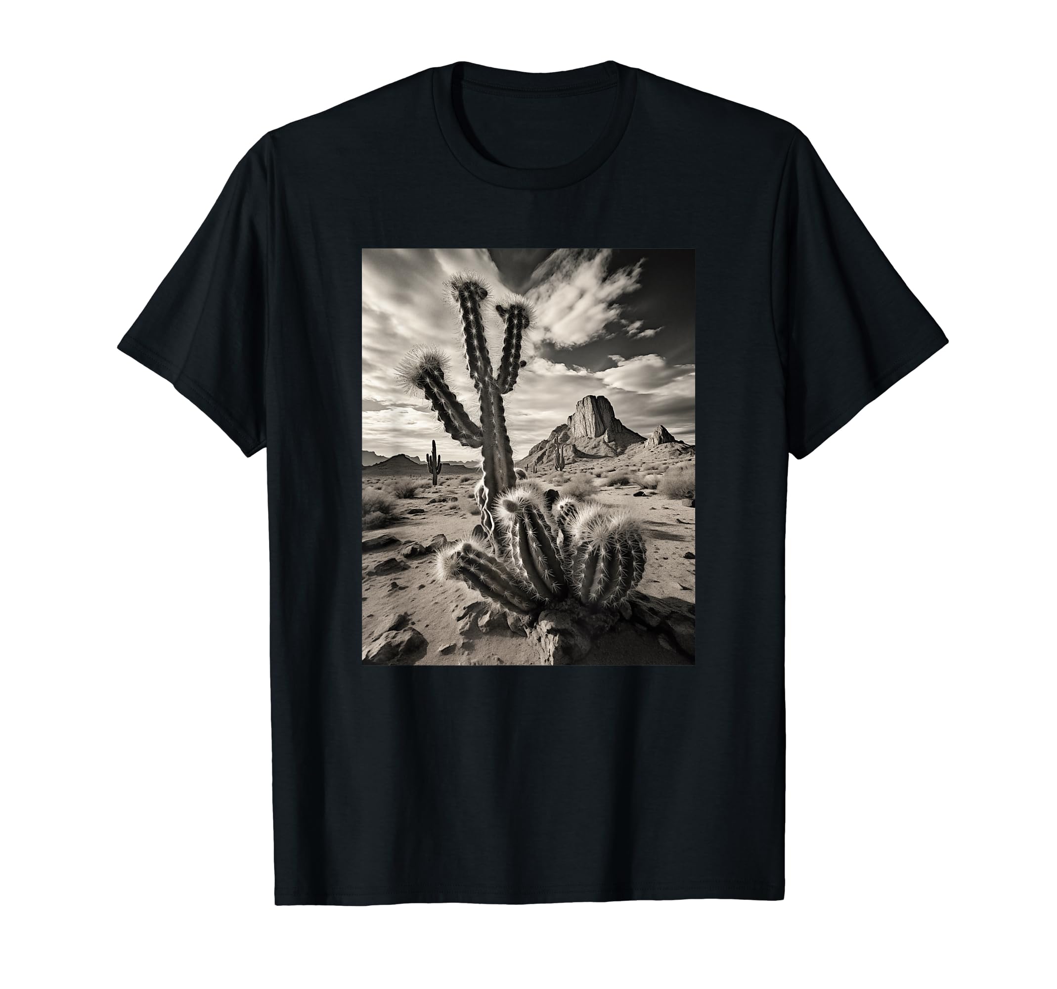 

Black and white photo of a desert cactus T-shirt