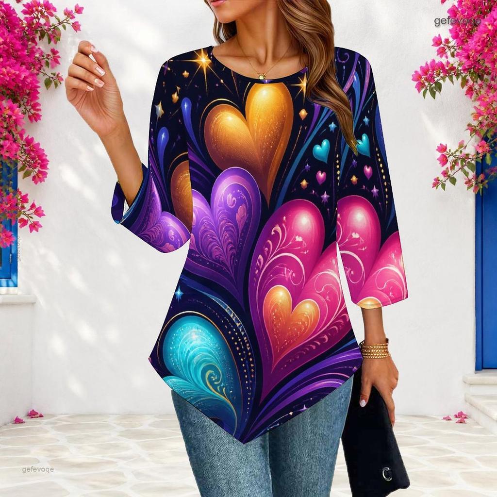 Womens Plus Size Loose Three Quarter Sleeve Blouse Pointed Hem Stylish Casual Top For Ladies Daily Outfit