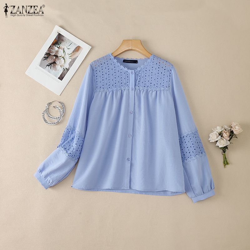 ZANZEA Dámská ležérní halenka s kulatým výstřihem a volným dlouhým rukávem