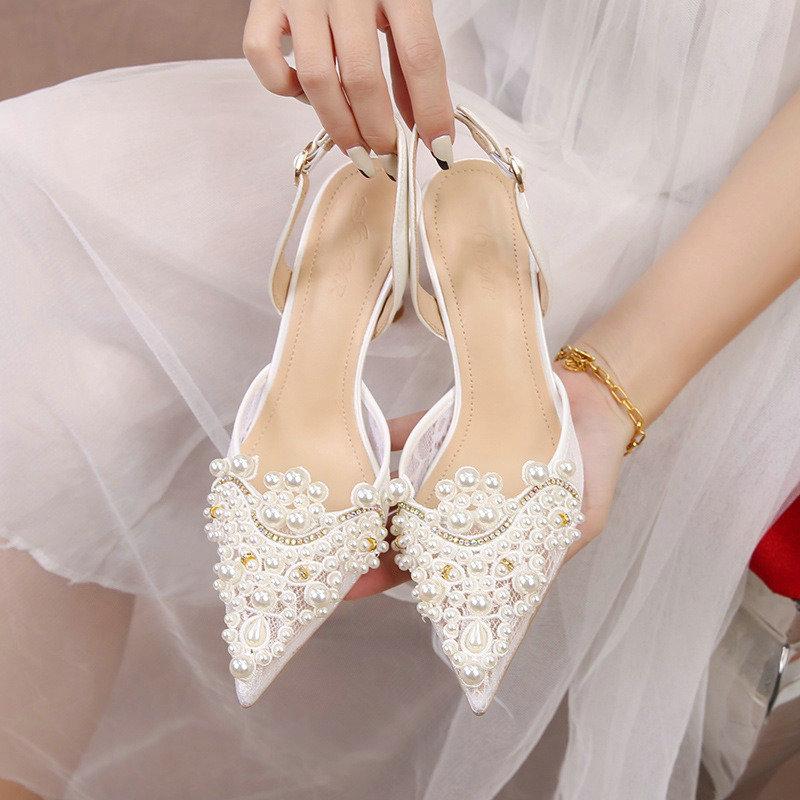 French Wedding Shoes Bride Shoes Main Wedding Pearl Single Shoes Niche After Empty High Heels Female Stiletto Hollow Head Sandal