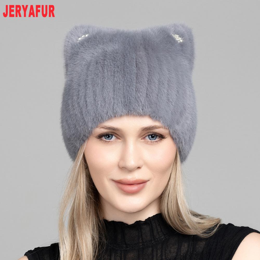 JERYAFUR Женская шапка-бини из искусственного меха с кошачьими ушками, украшенная стразами, мягкая, пушистая, теплая, милая, женская зимняя шапка для холодных дней серый