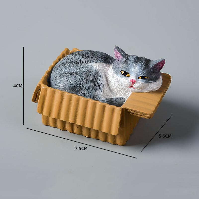 Resin Napping Cat In Box Figurine Cute Kawaii Desktop Ornament for Car Dashboard Bedroom Living Room Decor