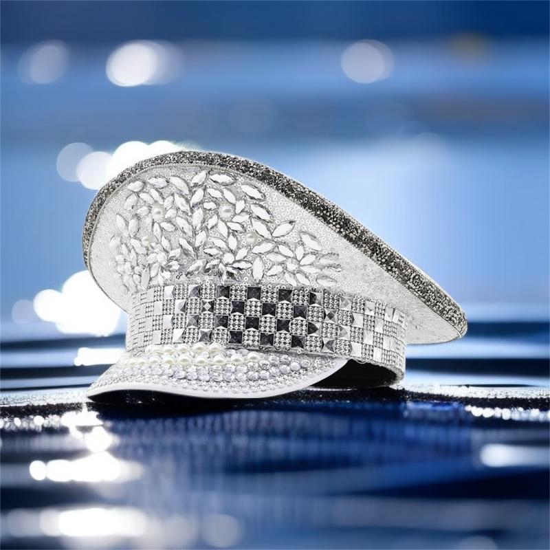 Luxurious Marine Hat with Decorative Rhinestones and Rivet Studded Cool Styles Top Hat for Music Festival Gathering