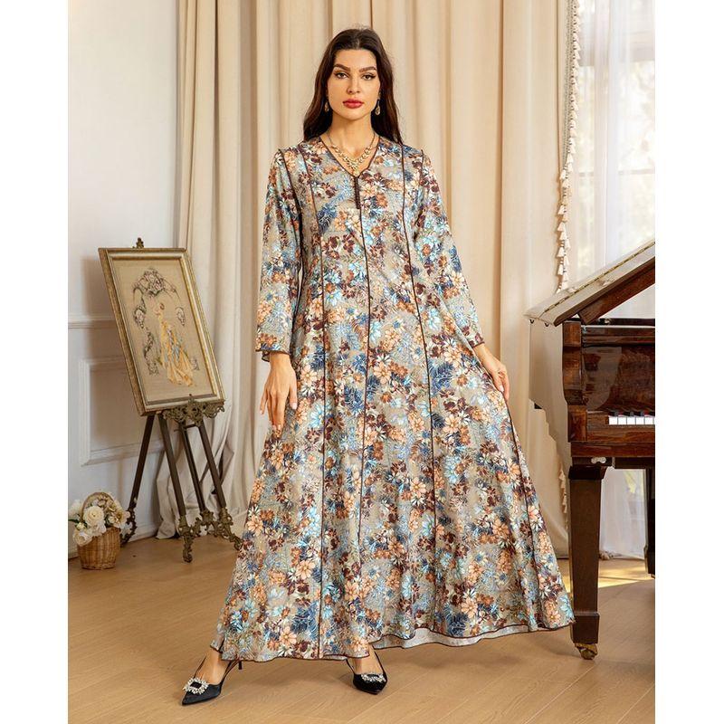 

Arab Indonesia Middle East Dubai Women s Clothing Fashion Slimming Printed Three-Dimensional Robe Pullover V-neck Dress Dress Khaki 2XL