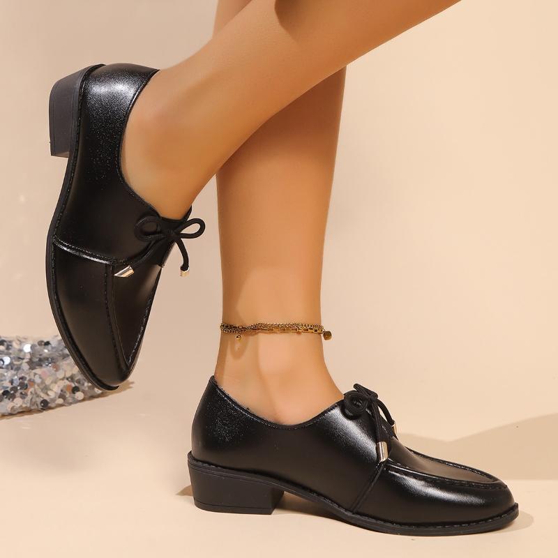 2026 Neue Schmetterlingsknoten PU-Leder Pumps Damen Frühling Spitze Mittlerer Absatz Pumps Damen Mode Flacher Mund Einzelne Schuhe Mujer