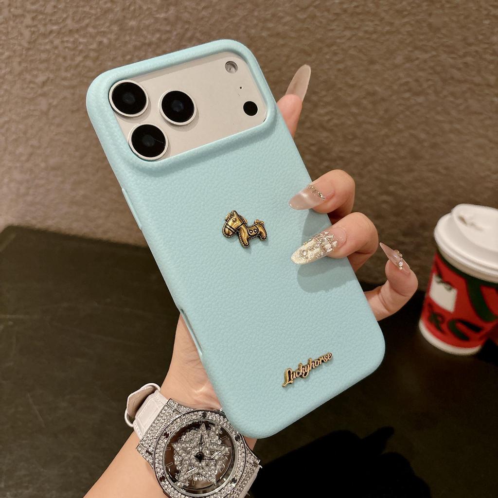 Apple iPhone 17 Promax Gold Little Horse Case, 16 Pro Leather Texture, 14 Soft Case, iPhone 15 Large Hole Cover