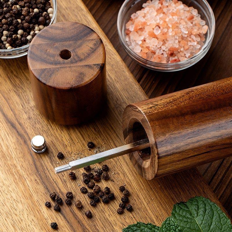 Cylindrical Wooden Salt and Pepper Grinder Set,Refillable and Matching Spice Mill,Wood Tray,Tall 8Inch,Manual Pepper Shakers Set