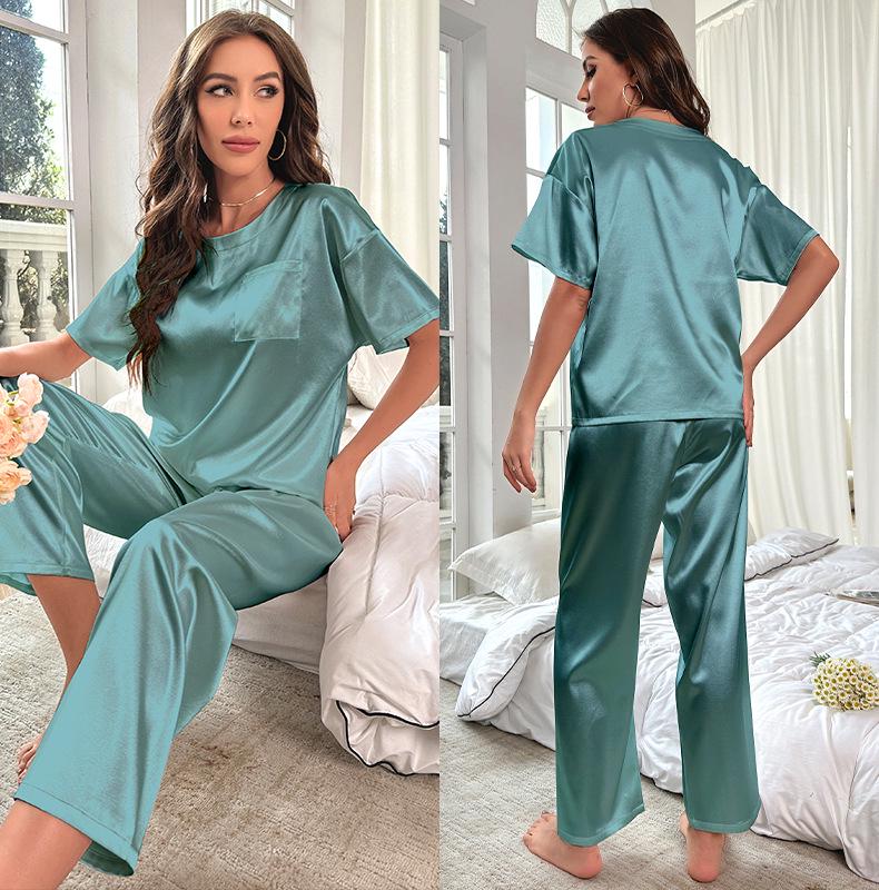 Yaoting Women's Summer Ice Silk Pajama Set - Short Sleeve Top & Long Pants, Loose Fit Casual Homewear 3147