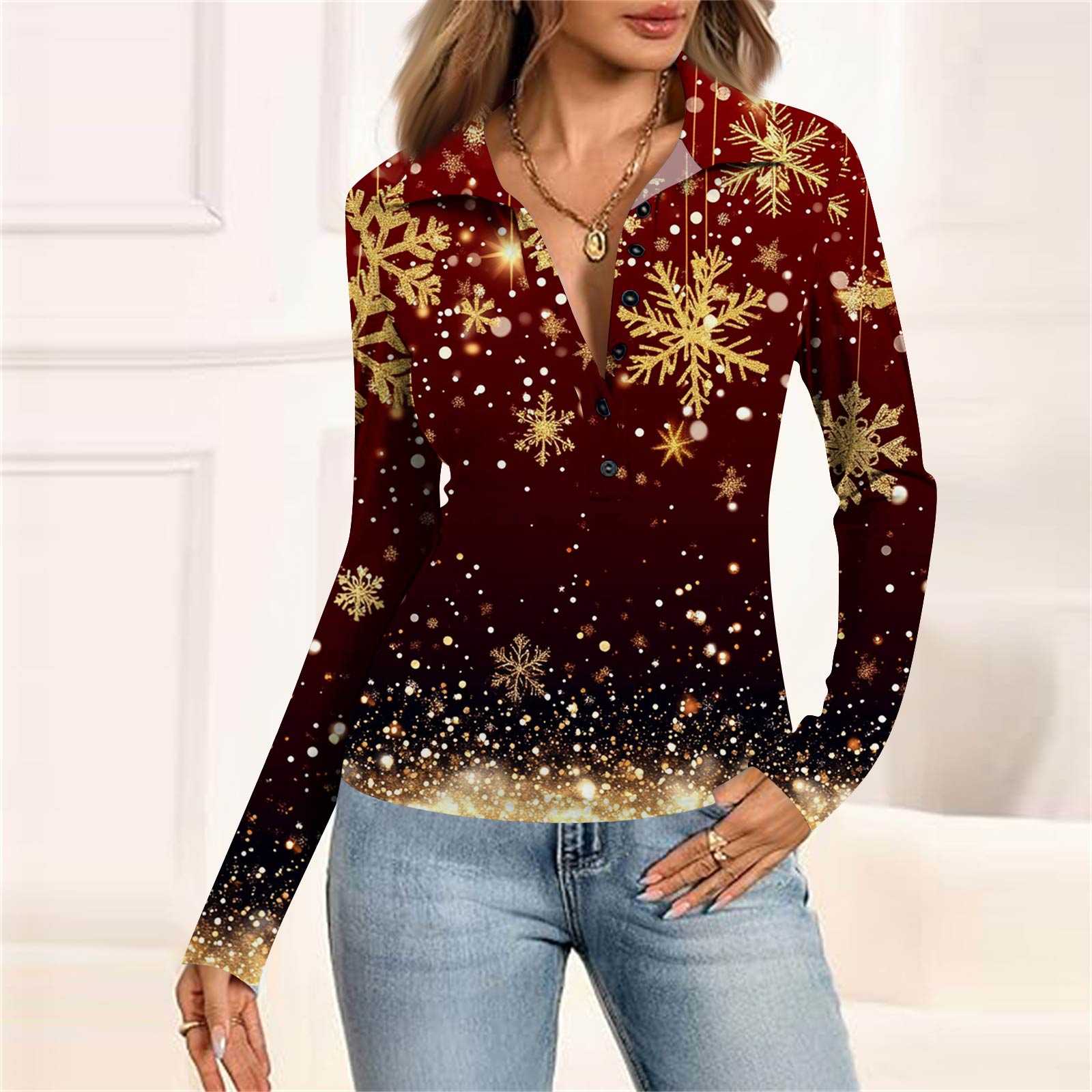 

Женская мода Повседневный принт V-образный вырез Длинный рукав Застегивающаяся на пуговицы блузка XXL золотой