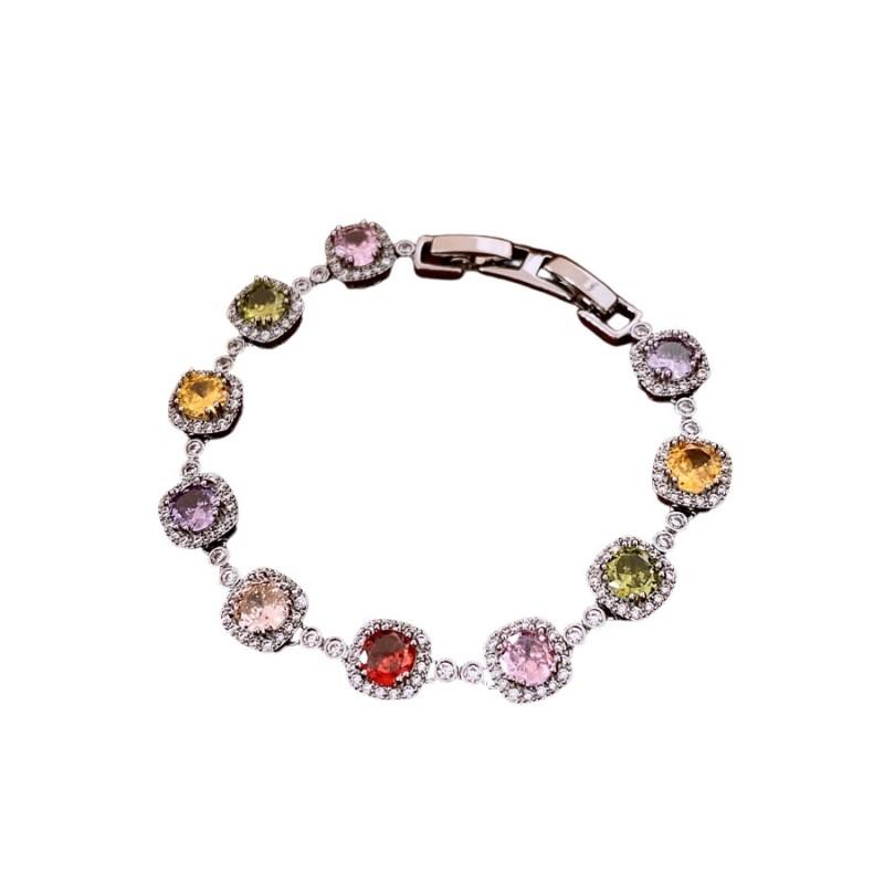 Vintage-Inspired Round Zircon Clip Bracelet Women Silver-Tone Copper Alloy With Colorful Gemstones Geometric