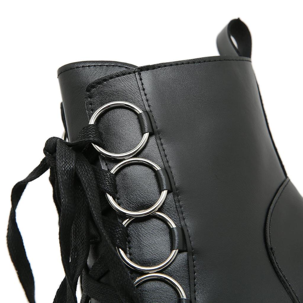 Gdgydh Solid Color Block Heeled Boots for Women Fashion Lace Up Side Zipper Ankle Boots Platform Goth Shoes Metal Decor