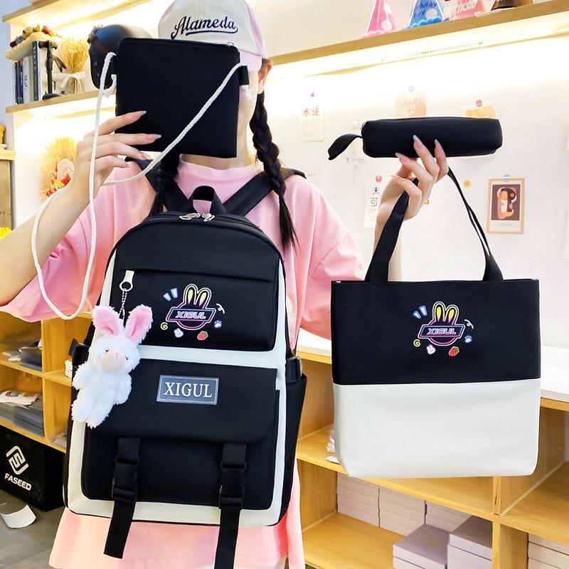 Schoolbag Student Color Matching Backpack Cute Cartoon Middle and High School Campus Style School Bag Large Capacity Four-piece Set Backpack