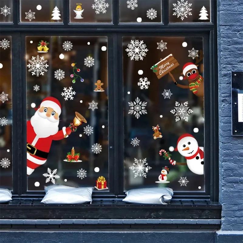 New Christmas Decoration Window Stickers Santa Gifts Merry Christmas Mirror Sticker White Snowflake Ornaments Winter Decal