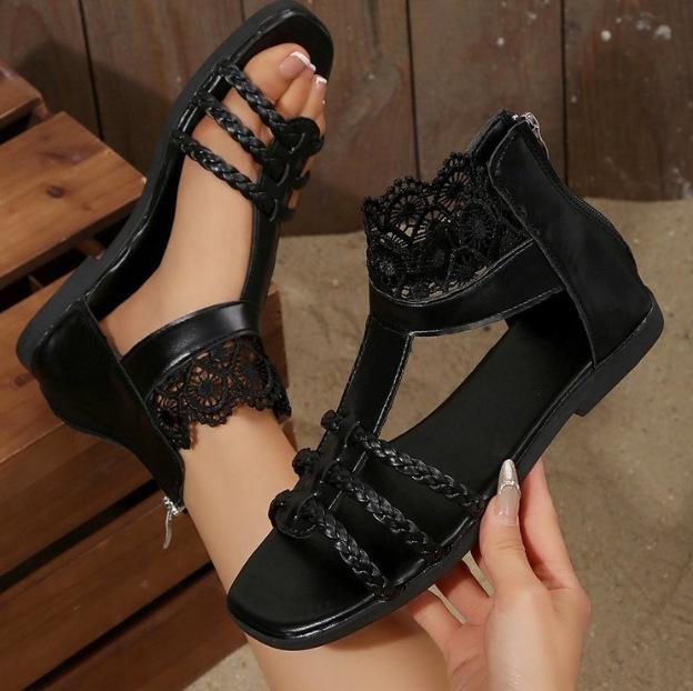 

Amazon flat-bottomed European and American sandals 2025 summer new hollow open-toed women s shoes rear zipper beach sandals 35 чорний