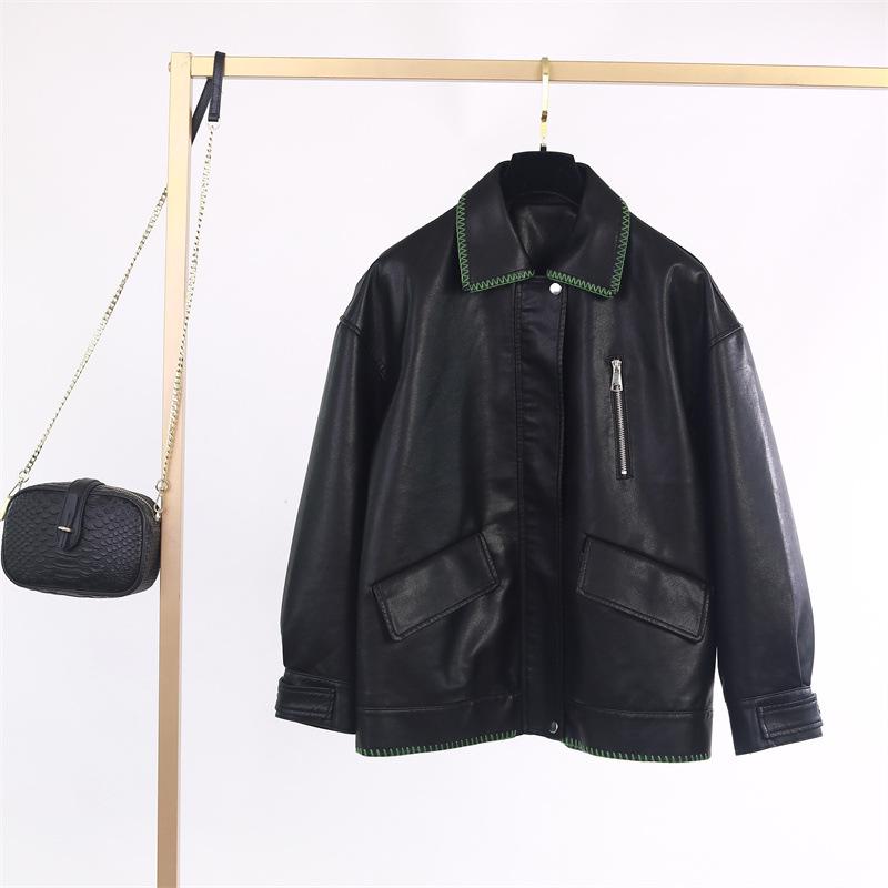 

2023 Autumn Women s Loose BF Style Leather Jacket with Lapel and Color Block Stitching - Korean Motorcycle Style Small чорний