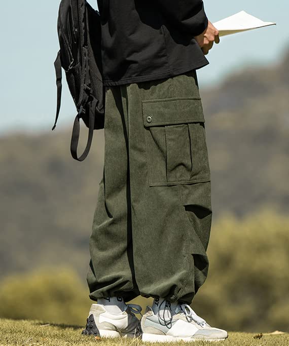 Oversized Cargo Corduroy Long Wide Leg Relaxed Gaucho Adjustable Elastic Popular Solid Army [foveitaa] Men's Pants, Pants, Pants, Style, Sweatpants,