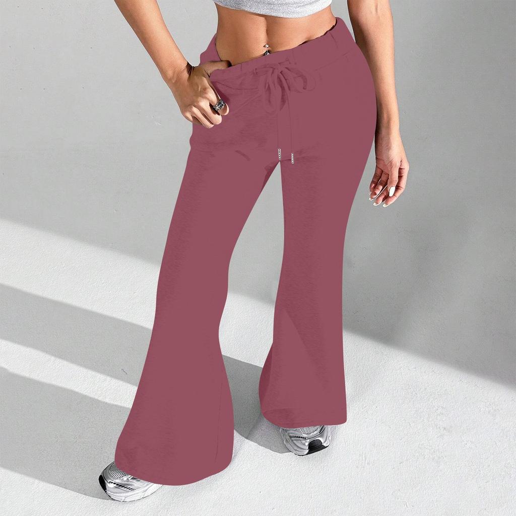 Ladies Fashion Loose Draw String Waist Solid Color Cargo Pants Leisure Flares
