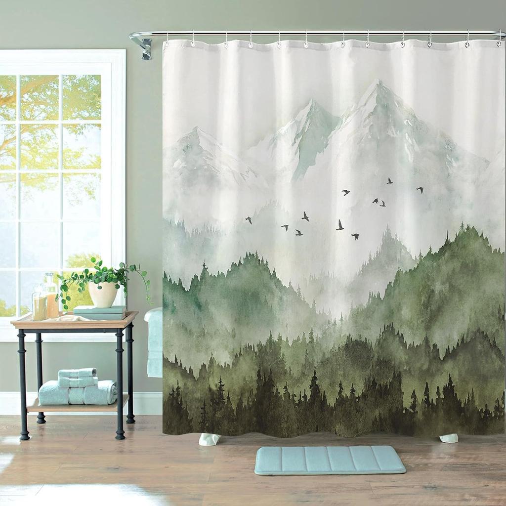 Watercolor Mountain Forest Shower Curtain,Nature Misty Foggy Sage Green Tree Landscape Art Shower Curtains with 12Hooks Bathroom