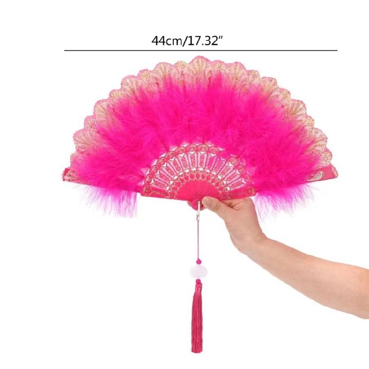 Chinese Feather Folding Fan with Pendant Wedding Dance Fan Cosplay Props Decor