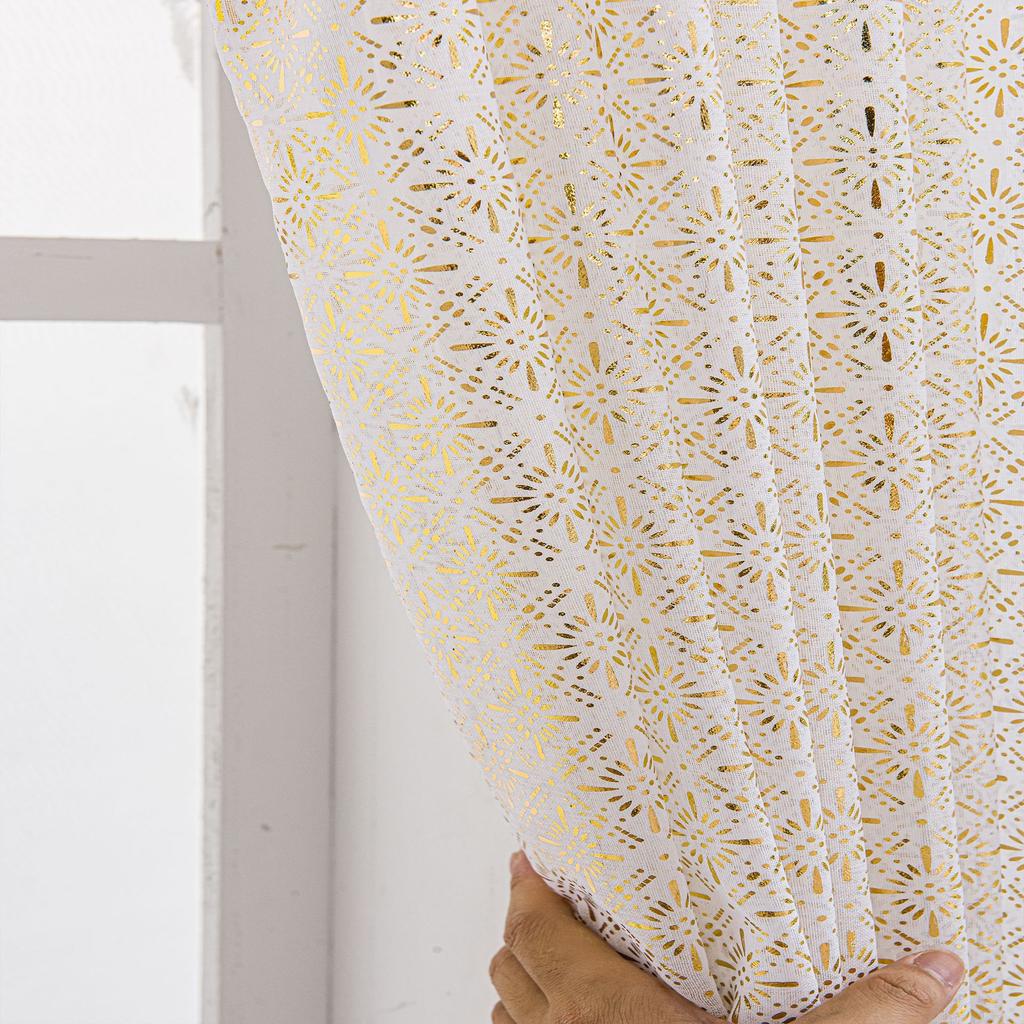 Living Room Sheer Curtain – European Embossed Pattern, Gold Foil, Semi-Blackout, Rod Pocket Window Drape, 1 Panel