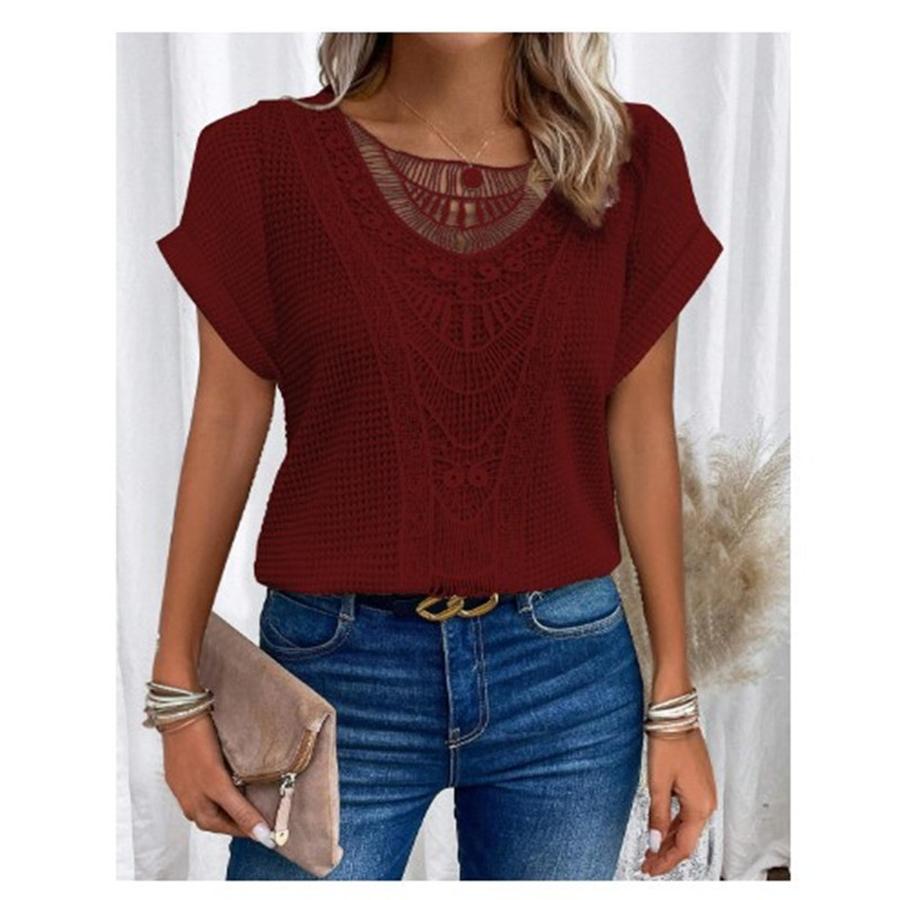 New Summer Floral Lace Patchwork Short Sleeve T-Shirt Women's Clothing