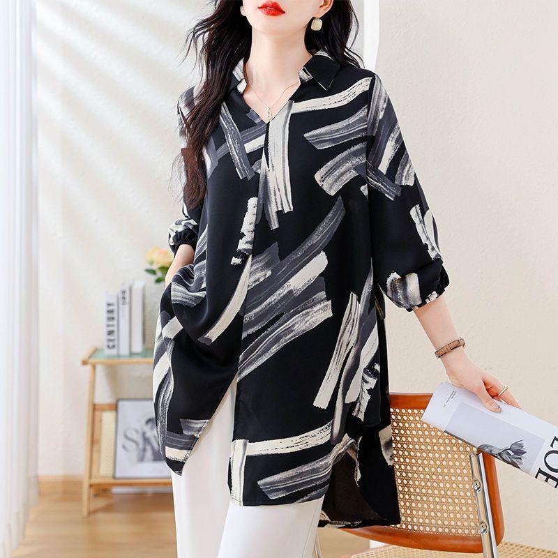 Printed Mid Length Spring and Autumn Long Sleeved Shirt for Outerwear Undershirt Top Women's Shirt