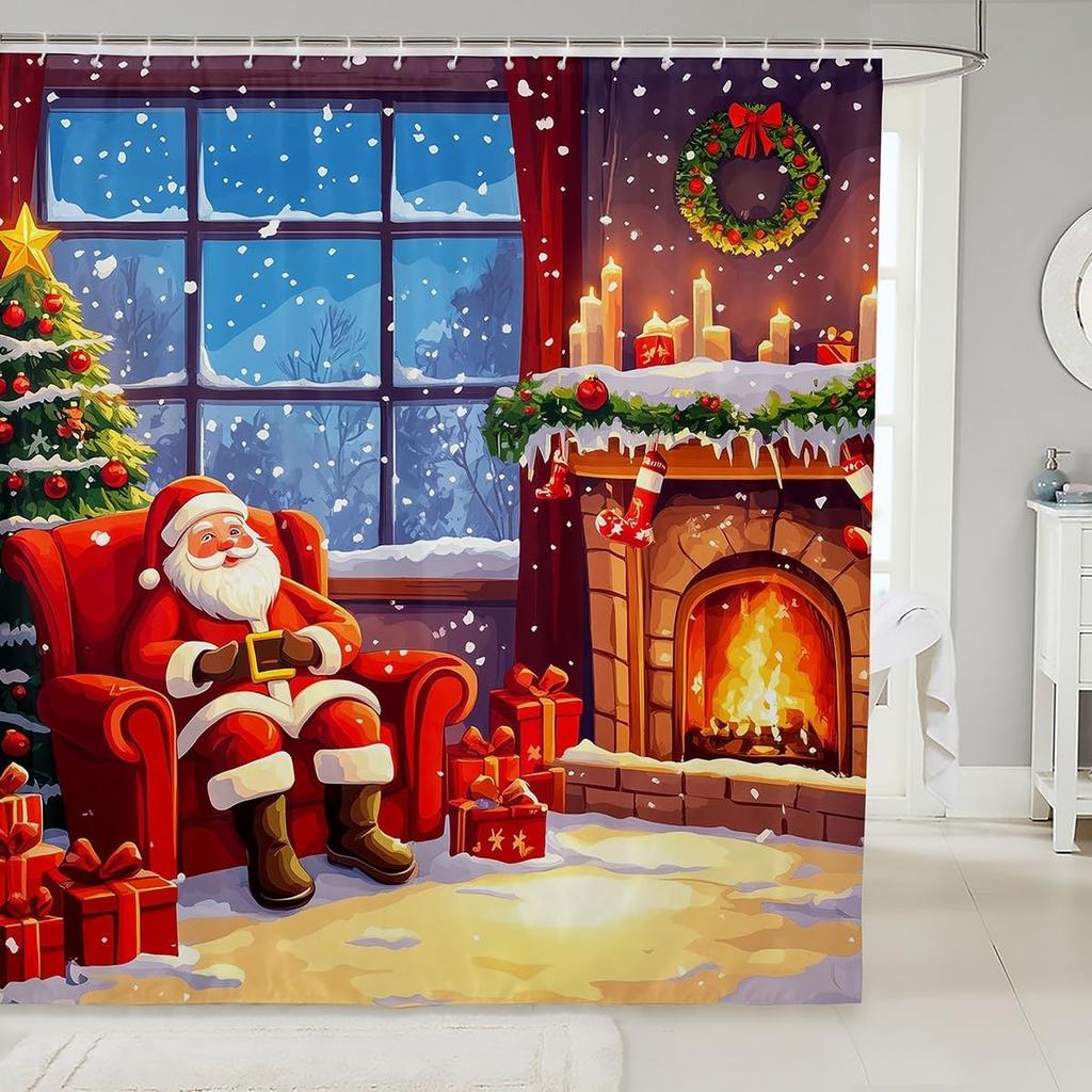 Christmas Happy Santa Claus Shower Curtain Red Xmas Decorations Fabric Shower Curtain,White Snowflake Bathroom Shower Curtain