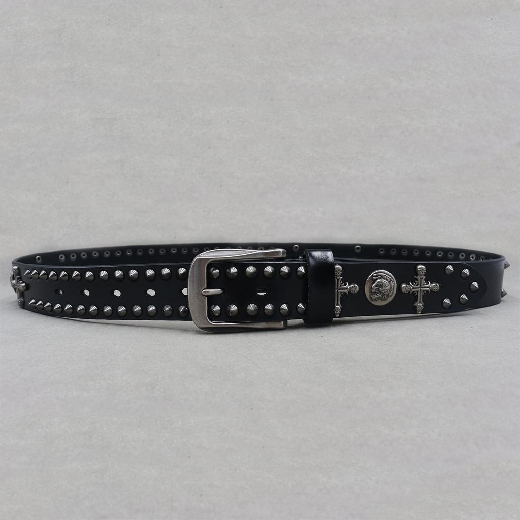 New Style of Personalized Pointed Spike Rivet Cowhide Belt, Cross Skull Decorative Hardware, INS Style