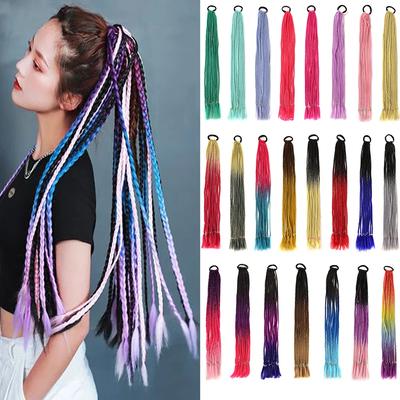 Synthetische, lange, farbige, geflochtene Pferdeschwanzverlängerungen mit Gummiband, Regenbogenzopf, Pferdeschwanz-Haarteil für den täglichen Gebrauch von Mädchen und Kindern