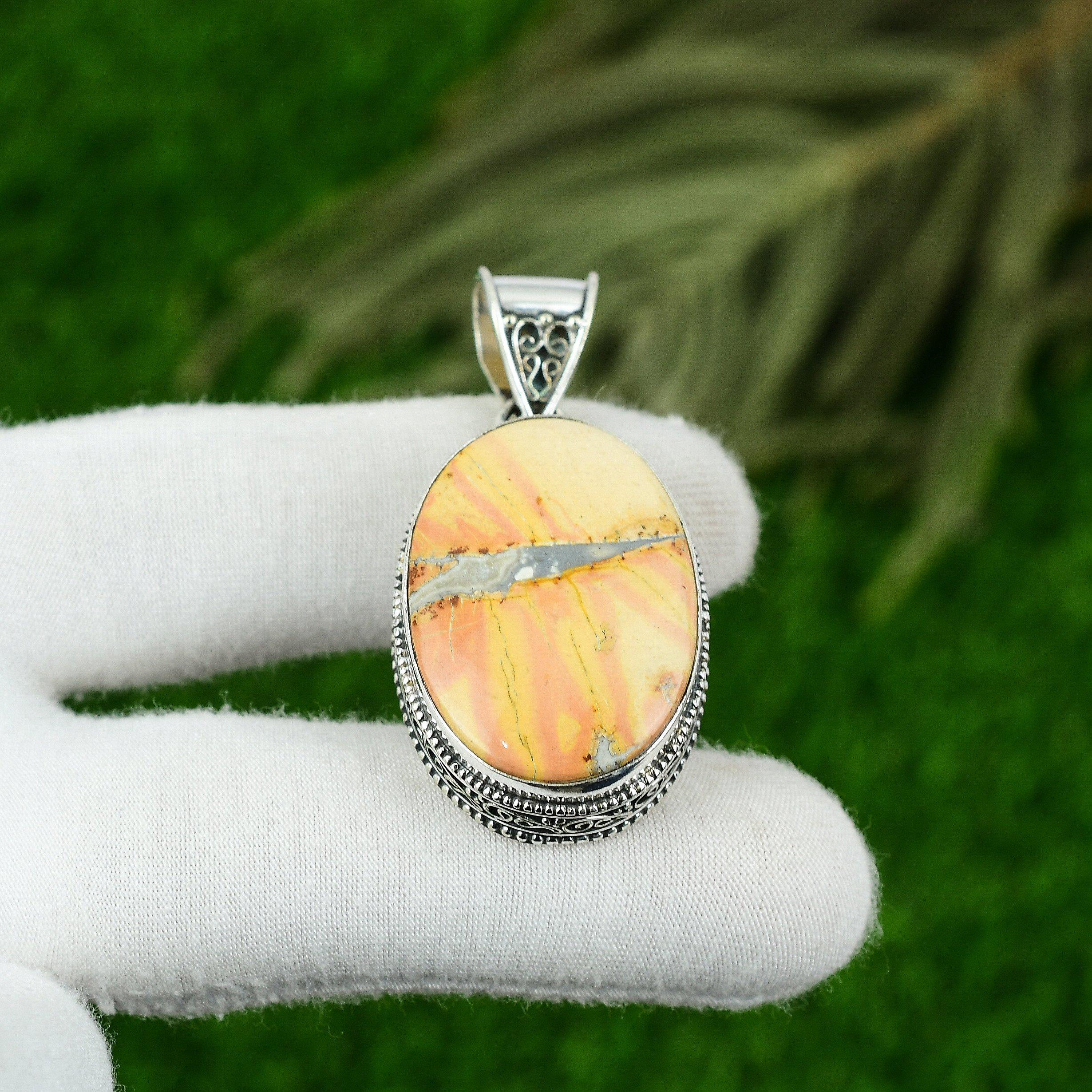 

925 Silver Oval Maligano Jasper Gemstone Boho Vintage Daughter Pendant Jewelry