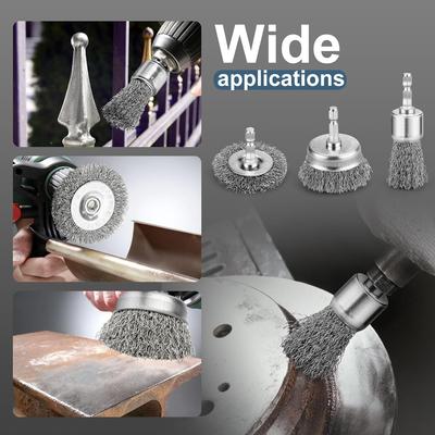 6Pcs Professional Carbon Steel Wire Wheel Brush Bits Hexagonal Handle Wire Brush for Drills Cleaning Rust Peeling Grinding