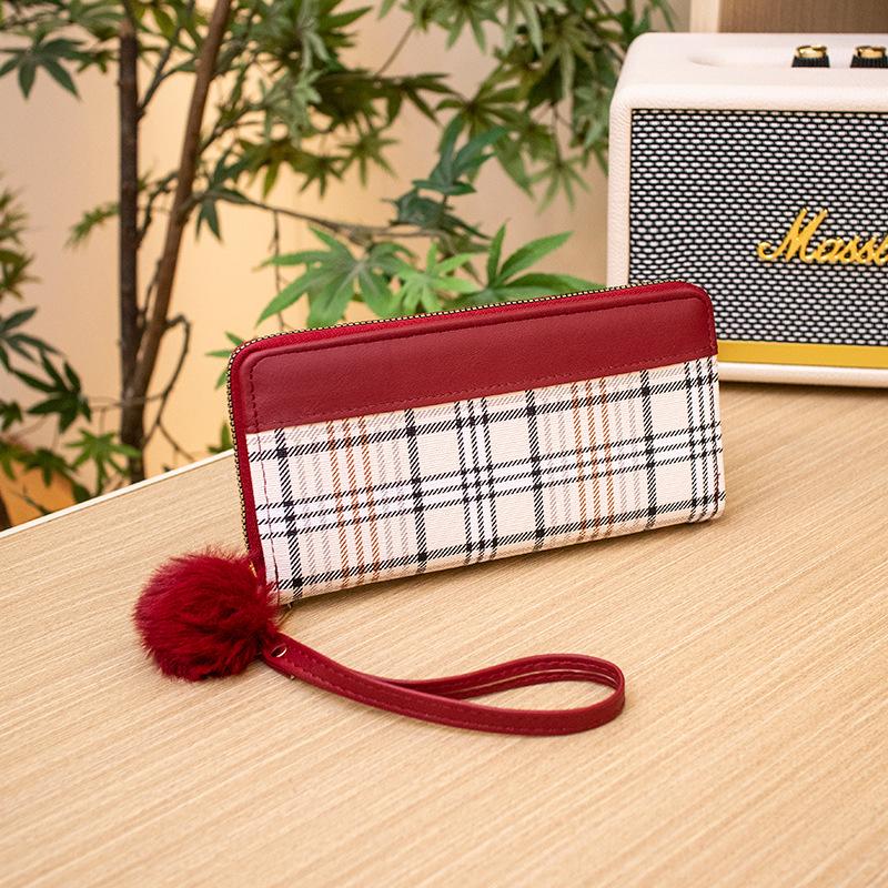 Women's Long Wallet Autumn and Winter New White Plaid Clutch Bag Color Scheme Single Hair Ball Change Bag One Piece Hair